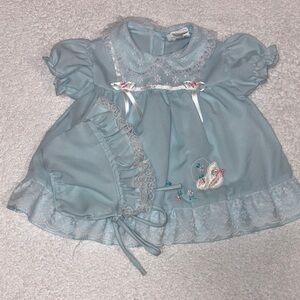 Mayfair vintage blue lace ribbon dress and bonnet 3/6m